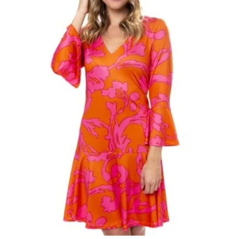 Julie Brown Dress M Medium Pink Orange Coral Flutter Sleeve Washable